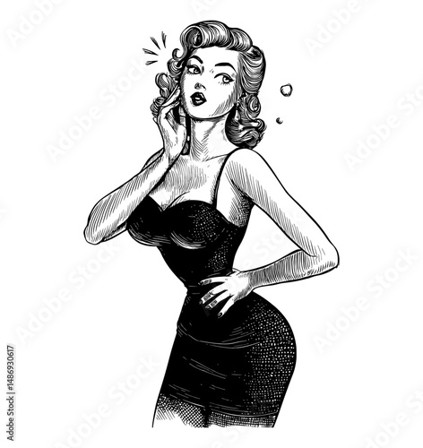 Elegant Woman in Black Dress Talking on Smartphone in Engraved Black and White Style