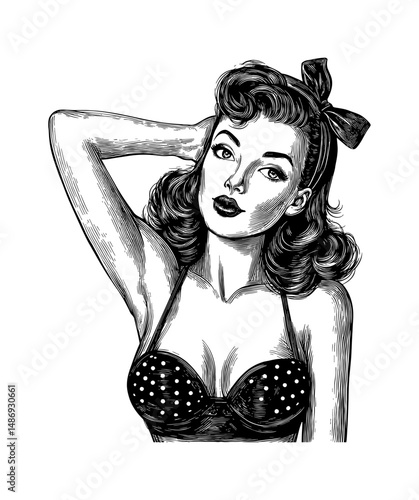 Elegant Woman in Polka Dot Bikini with Hand Behind Head in Engraved Style