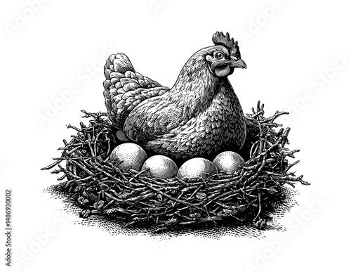 Hen Sitting on Nest with Eggs in Detailed Engraved Black and White Illustration Art