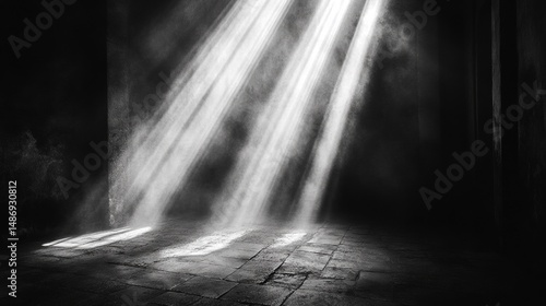 Dramatic Black And White Image Of Light Beams In Dark Room