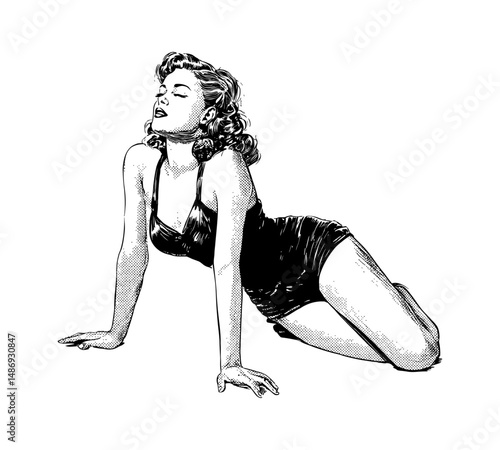 Sensual Woman Posing in Swimsuit with Eyes Closed in Black and White Halftone Illustration