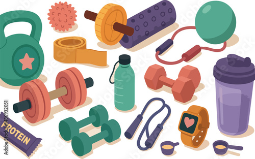 Weight training, yoga, pilates stickers set. Dumbbells, protein supplements, kettlebell, jump rope and other fitness elements. Modern cartoon concept. Vector illustration