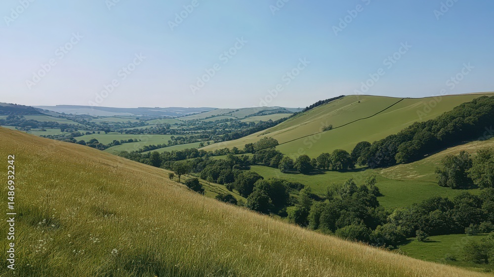 Fototapeta premium Stunning Summer Countryside Landscape with Rolling Hills and Clear Blue Sky