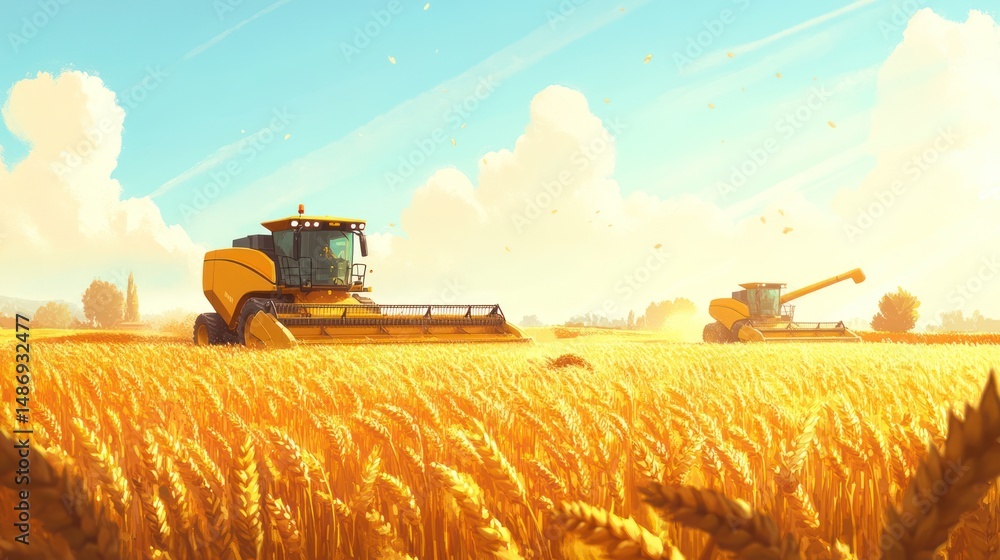 Fototapeta premium Golden Harvest: Combines in a Wheat Field