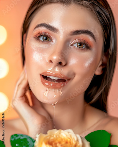 Wallpaper Mural Beauty influencer showcasing skincare routine with glowing skin and rose in a studio setting during a bright photoshoot Torontodigital.ca