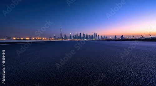 City skyline at dawn viewed from empty road