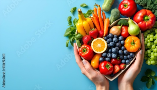 Heart-shaped collection of healthy foods against a blue backdrop, highlighting the importance of wellness and nutritious choices