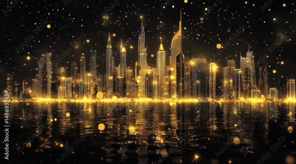 Fototapeta premium Golden cityscape at night, shimmering lights reflecting on water, golden particles falling