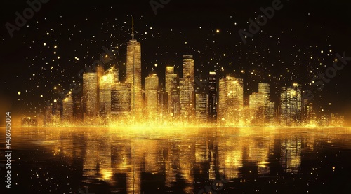 Golden city skyline ablaze, reflecting in still water, with glittering particles