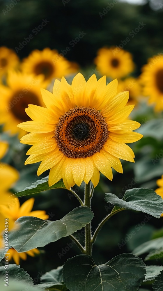 Fototapeta premium A vibrant sunflower in focus, surrounded by a field of blurred sunflowers