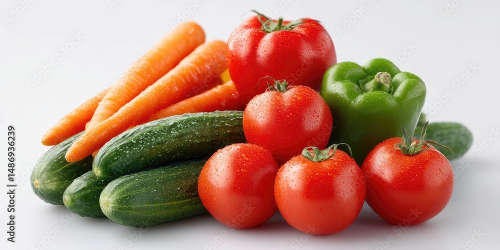 A vibrant mix of fresh vegetables, including tomatoes, bell peppers, cucumbers, and carrots, piled together on a white background. A vibrant mix of fresh vegetables, including tomatoes, bell peppers, cucumbers, and carrots, piled together on a white background.