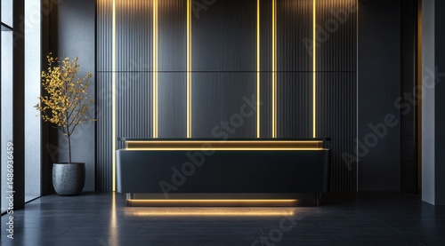 Sleek, modern reception desk with warm gold accents in a dark, sophisticated space