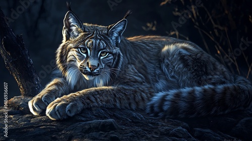 Lynx resting in dark forest