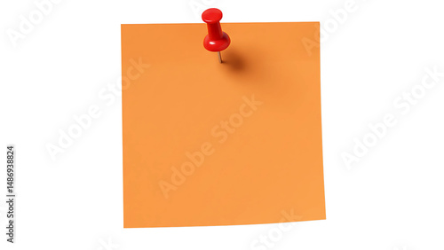Orange blank sticky Post-it note with a red pushpin, isolated on transparent background—symbolizing thoughtful reminders, creativity, and organization with a touch of sophistication.