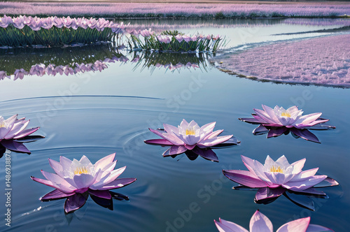 Winter snowscape in among water lilies