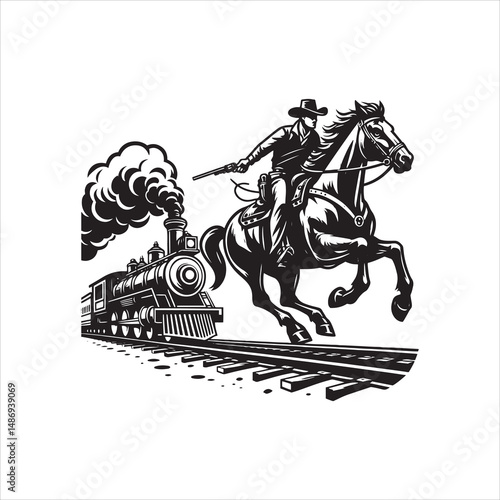 Cowboy on Horse Chasing Train with Western Saloon – Black and White Line Art

