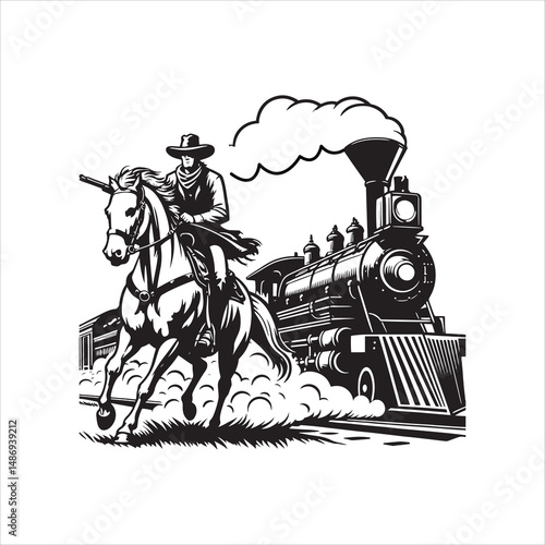 Cowboy on Horse Chasing Train with Western Saloon – Black and White Line Art

