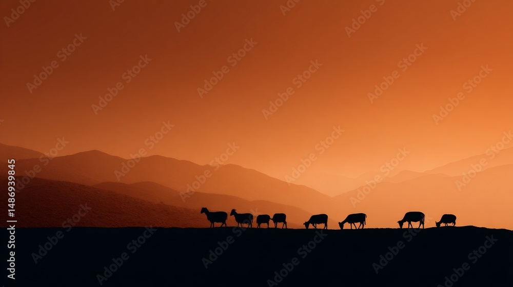 A tranquil scene: Sheep grazing near mountains silhouetted against an orange sky A tranquil scene: Sheep grazing near mountains silhouetted against an orange sky