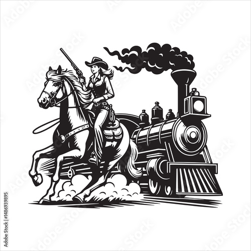 Cowboy on Horse Chasing Train with Western Saloon – Black and White Line Art

