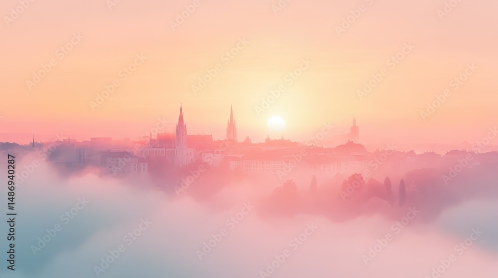 Obraz premium Pink and Orange Sunrise over Foggy Cityscape