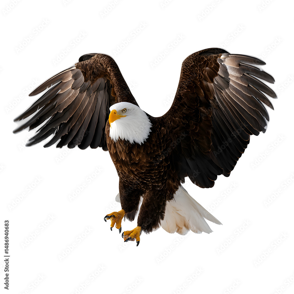 Obraz premium A bald eagle landing, wings open, white background