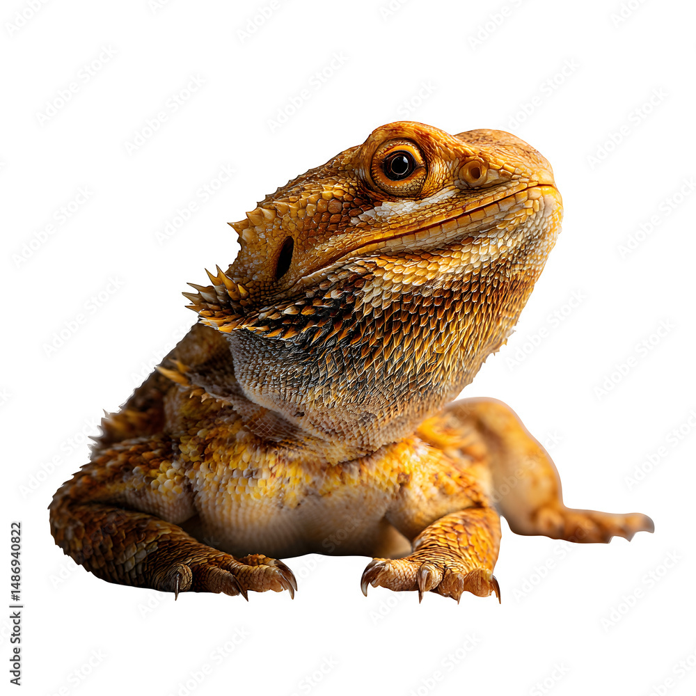 Obraz premium A bearded dragon basking, white isolated background