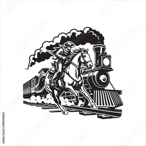 Cowboy on Horse Chasing Train with Western Saloon – Black and White Line Art

