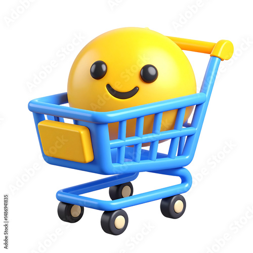 Happy Smiley Face Emoji in a Blue Shopping Cart Online Shopping Concept