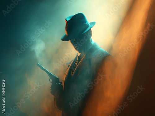 Mysterious Noir Detective in Smoke with Silenced Pistol