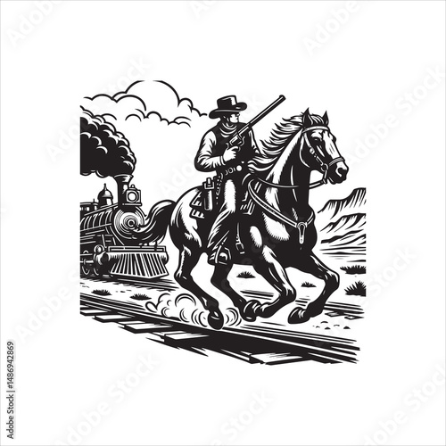 Cowboy on Horse Chasing Train with Western Saloon – Black and White Line Art

