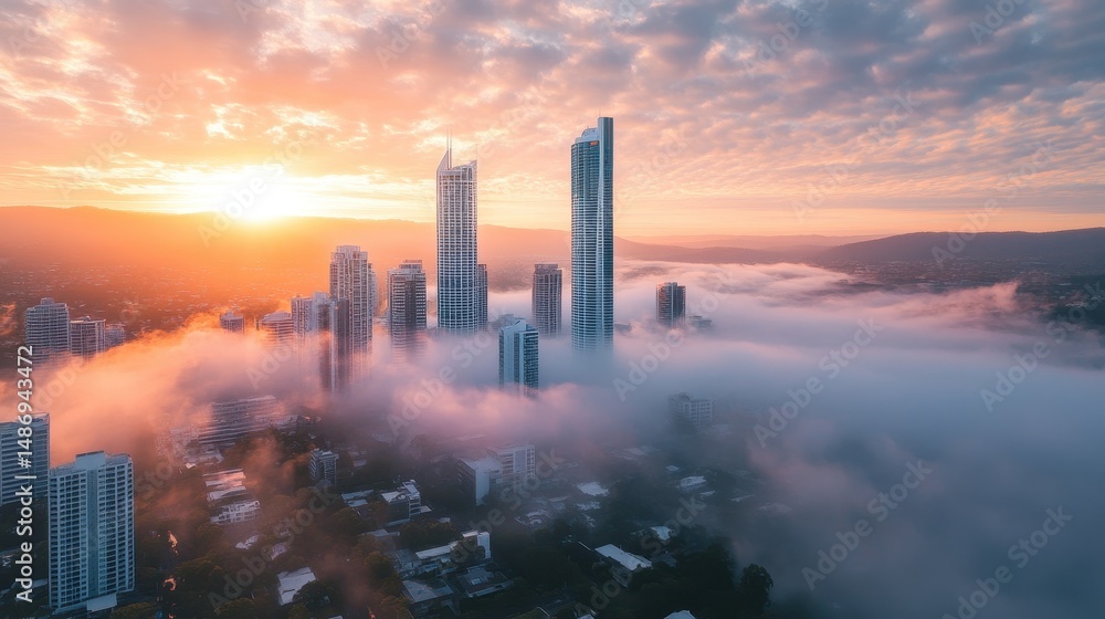Fototapeta premium Sunrise Cityscape with Fog and Skyscrapers