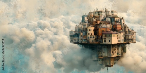Fototapeta Naklejka Na Ścianę i Meble -  Floating city nestled in a cloudy sky.
