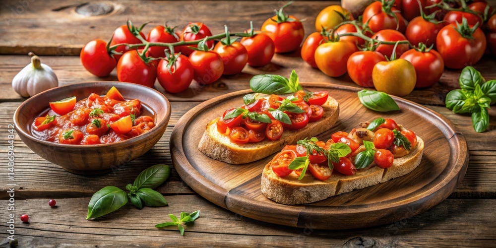 A rustic wooden table set with a platter of fresh bruschetta and a bowl of ripe tomatoes A rustic wooden table set with a platter of fresh bruschetta and a bowl of ripe tomatoes