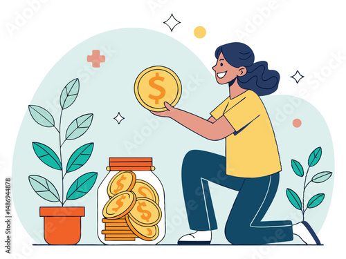 Smart Financial Savings: Illustrated Vector of a Young Woman Growing Wealth