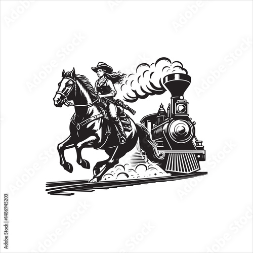 Cowboy on Horse Chasing Train with Western Saloon – Black and White Line Art

