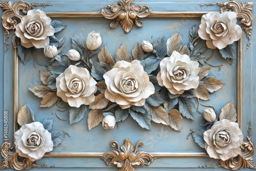 Ornate framed wall decor with sculpted roses.