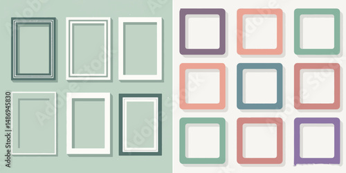 A set vector of colorful, stylized flat graphic frames in rectangular and square shapes, perfect for displaying pictures, photos, or artwork.