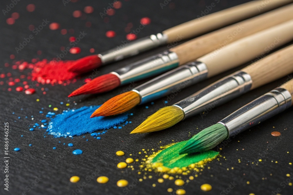 Obraz premium Closeup of Colorful Paintbrushes with Paint on a Dark Surface - generated by ai