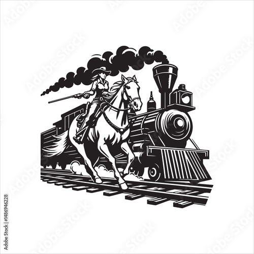 Cowboy on Horse Chasing Train with Western Saloon – Black and White Line Art

