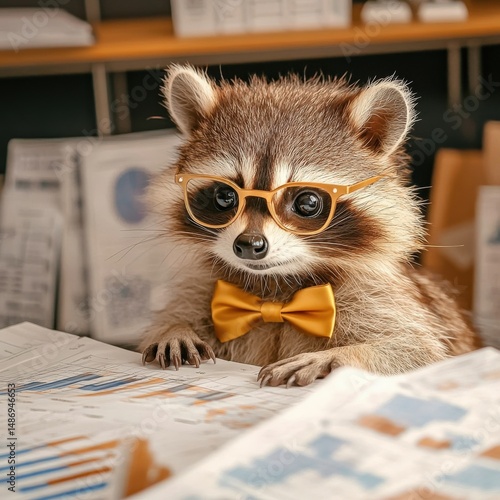 Adorable raccoon wearing glasses and a bow tie sits at a desk reviewing documents, creating a charming and humorous scene.