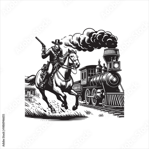Cowboy on Horse Chasing Train with Western Saloon – Black and White Line Art

