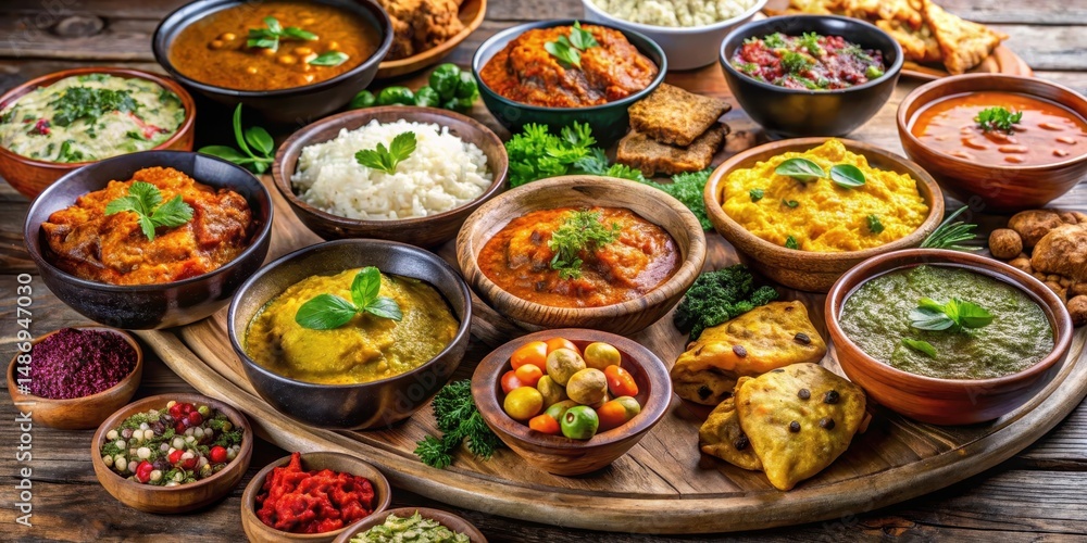 A vibrant array of traditional Indian curries arranged on a wooden platter in a colorful and eclectic mix of ceramic pots and utensils, Ceramic Pots, Colorful Food A vibrant array of traditional Indian curries arranged on a wooden platter in a colorful and eclectic mix of ceramic pots and utensils, Ceramic Pots, Colorful Food