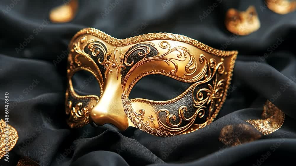 Ornate gold Venetian mask on black fabric with patterned background Ornate gold Venetian mask on black fabric with patterned background