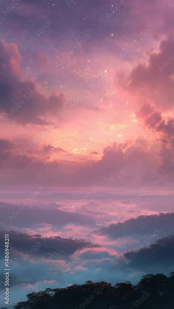 Pink and Purple Sunset over Misty Mountains with Stars Pink and Purple Sunset over Misty Mountains with Stars