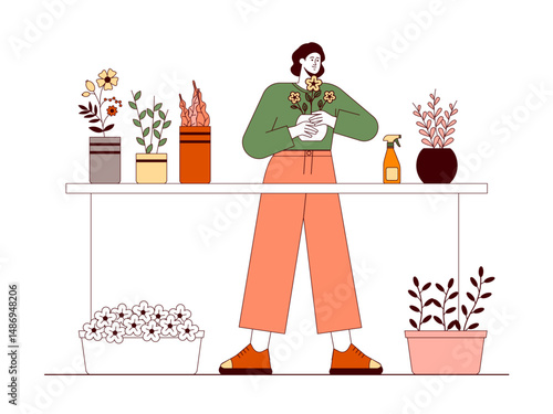 Florist arranges pots on table for neatness of place. Florist illustration. Flat outline vector illustration concept.