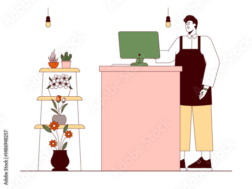 Florist in front of computer to check the completeness of ordered flowers. Florist illustration. Flat outline vector illustration concept.