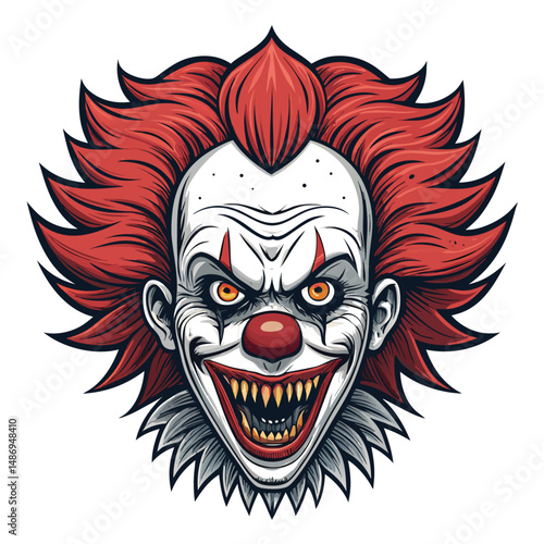 A terrifying horror monster with a clown's face, wielding spray cans as jagged, dripping teeth.  Intense lighting, detailed texture.