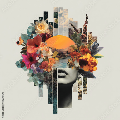 Retrato abstrato com enfeite de cabeça floral e elementos de colagem 