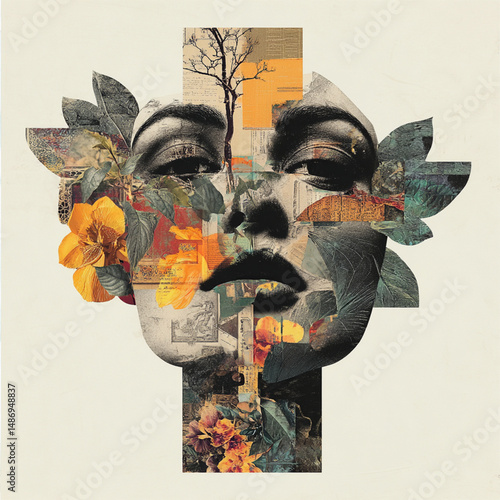 Retrato abstrato com enfeite de cabeça floral e elementos de colagem 