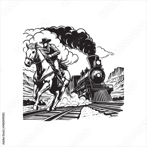 Cowboy on Horse Chasing Train with Western Saloon – Black and White Line Art

